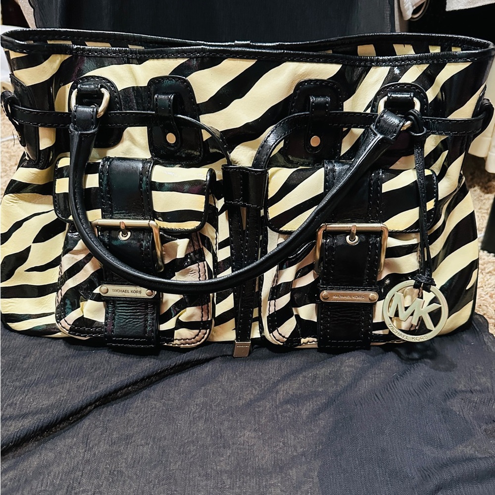 Michael Kors Zebra Print Shoulder Bag in Black and Cream